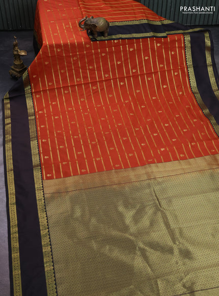 Semi kanchipuram silk saree rustic orange and deep coffee brown with allover zari weaves & buttas and rettapet zari woven border