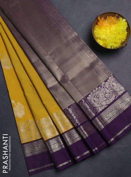 Semi kanchipuram silk saree mustard yellow and purple with zari woven buttas and long zari woven border
