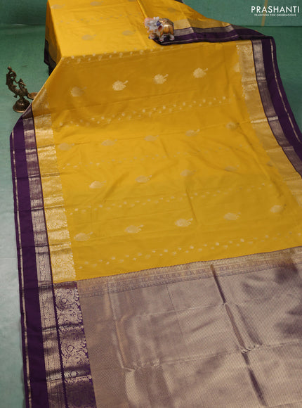 Semi kanchipuram silk saree mustard yellow and purple with zari woven buttas and long zari woven border