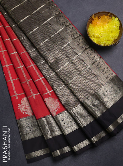 Semi kanchipuram silk saree dual shade of pink and black with allover small zari checks & buttas and rettapet zari woven border