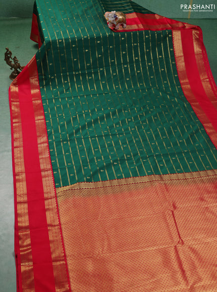 Semi kanchipuram silk saree green and pink with allover zari weaves & buttas and long rettapet zari woven border