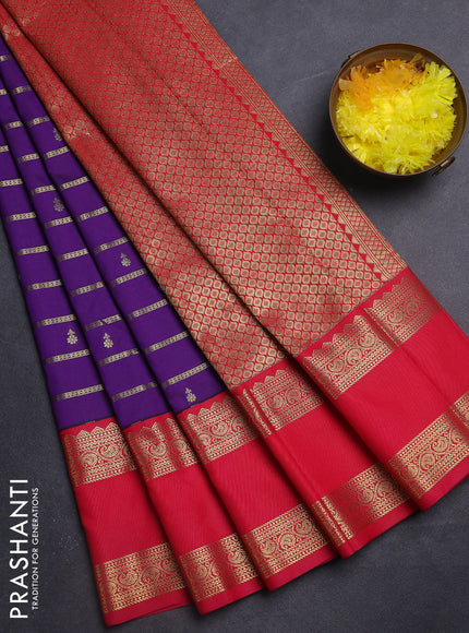 Semi kanchipuram silk saree purple and pink with allover zari weaves & buttas and long rettapet zari woven border