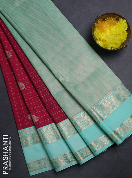 Semi kanchipuram silk saree red and teal green shade with allover small zari checks & buttas and rettapet zari woven korvai border