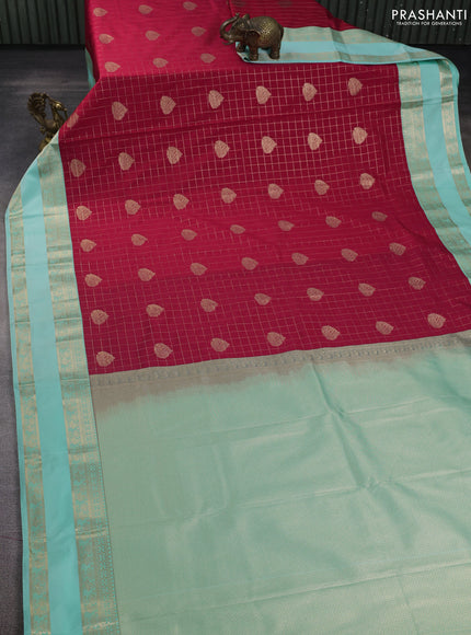 Semi kanchipuram silk saree red and teal green shade with allover small zari checks & buttas and rettapet zari woven korvai border
