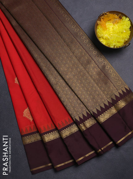Semi kanchipuram silk saree orange and wine shade with zari woven buttas and temple design rettapet zari woven korvai border