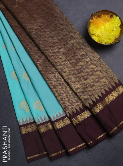 Semi kanchipuram silk saree teal blue and wine shade with zari woven buttas and temple design rettapet zari woven korvai border