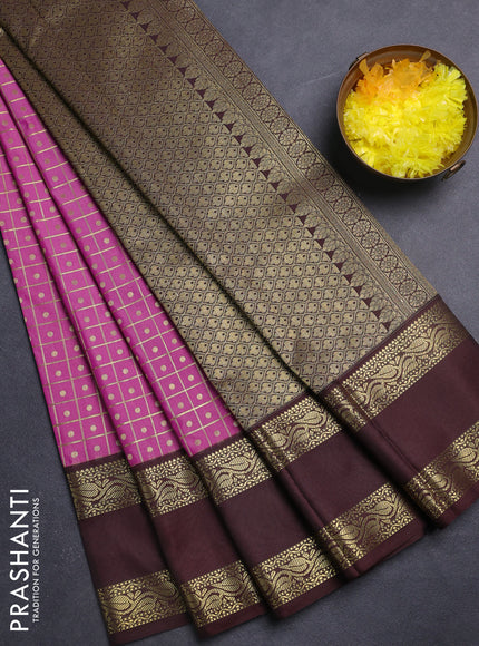 Semi kanchipuram silk saree pink and coffee brown with allover zari checks & buttas and rettapet zari woven korvai border