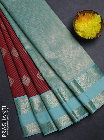 Semi kanchipuram silk saree maroon and teal green shade with allover zari stripe weaves & buttas and rettapet zari woven korvai border