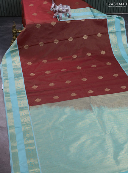 Semi kanchipuram silk saree maroon and teal green shade with allover zari stripe weaves & buttas and rettapet zari woven korvai border