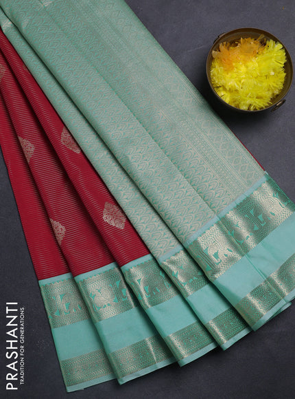 Semi kanchipuram silk saree red and teal blue with allover zari stripe weaves & buttas and rettapet zari woven korvai border