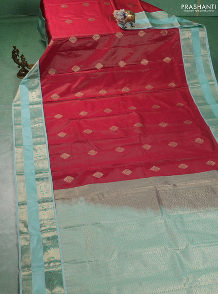 Semi kanchipuram silk saree red and teal blue with allover zari stripe weaves & buttas and rettapet zari woven korvai border
