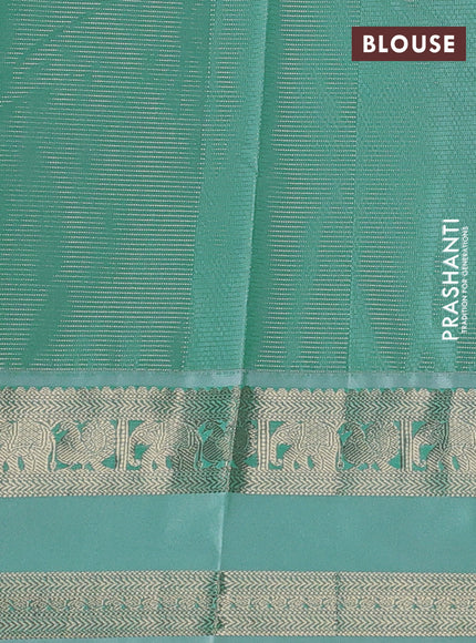 Semi kanchipuram silk saree red and teal blue with allover zari stripe weaves & buttas and rettapet zari woven korvai border