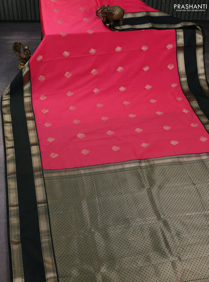 Semi kanchipuram silk saree candy pink and bottle green with zari woven buttas and rettapet zari woven korvai border