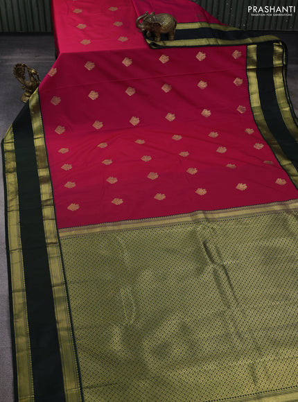 Semi kanchipuram silk saree pink and bottle green with zari woven buttas and rettapet zari woven korvai border