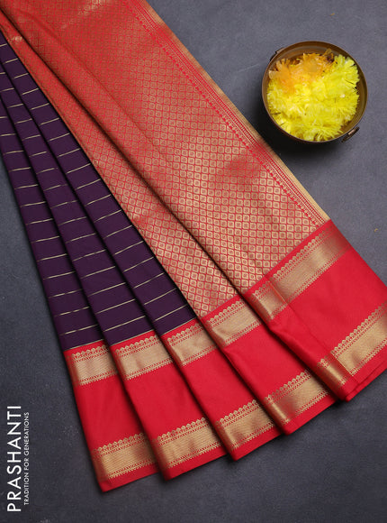 Semi kanchipuram silk saree purple and red with allover zari stripe weaves and rettapet zari woven korvai border