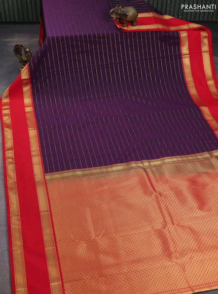 Semi kanchipuram silk saree purple and red with allover zari stripe weaves and rettapet zari woven korvai border