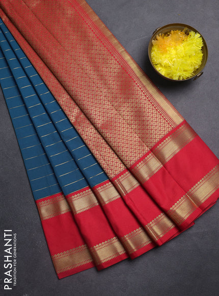 Semi kanchipuram silk saree peacock blue and red with allover zari stripe weaves and rettapet zari woven korvai border