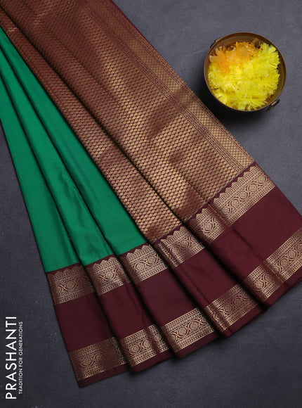 Semi kanchipuram silk saree green and deep maroon with zari woven buttas and rettapet zari woven korvai border