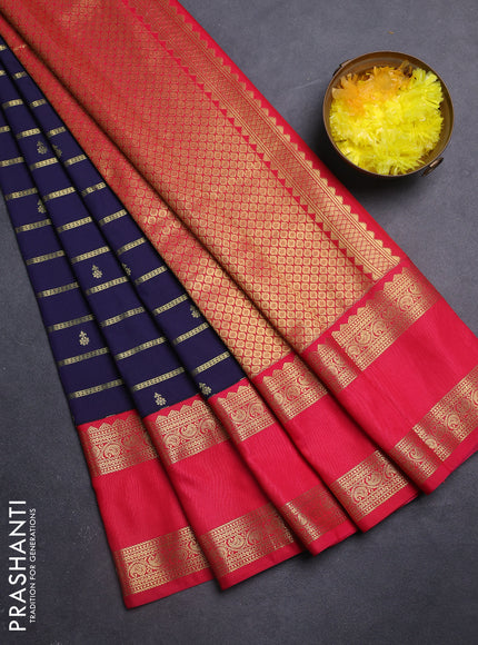 Semi kanchipuram silk saree navy blue and pink with allover zari weaves & buttas and rettapet zari woven korvai border