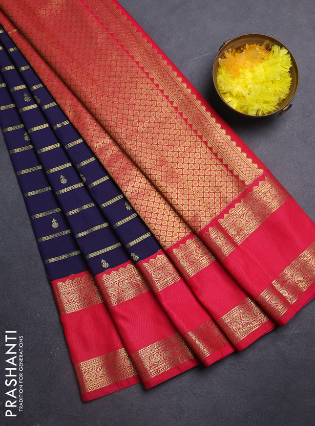Semi kanchipuram silk saree navy blue and pink with allover zari weaves & buttas and rettapet zari woven korvai border