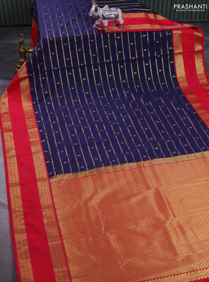 Semi kanchipuram silk saree navy blue and pink with allover zari weaves & buttas and rettapet zari woven korvai border