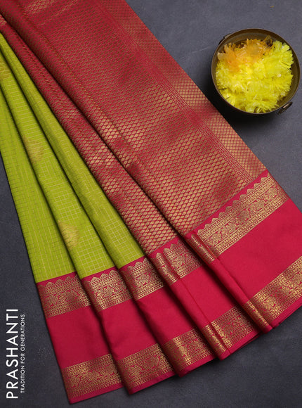 Semi kanchipuram silk saree lime green and pink with allover zari checks & buttas and rettapet zari woven korvai border