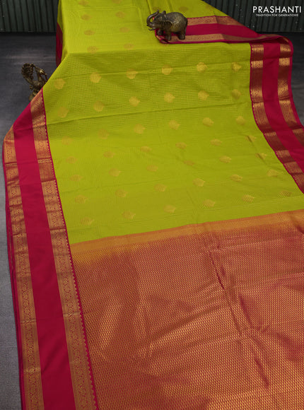 Semi kanchipuram silk saree lime green and pink with allover zari checks & buttas and rettapet zari woven korvai border
