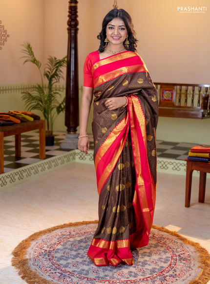 Semi kanchipuram silk saree coffee brown and pink with allover zari checks & buttas and rettapet zari woven korvai border
