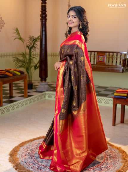 Semi kanchipuram silk saree coffee brown and pink with allover zari checks & buttas and rettapet zari woven korvai border
