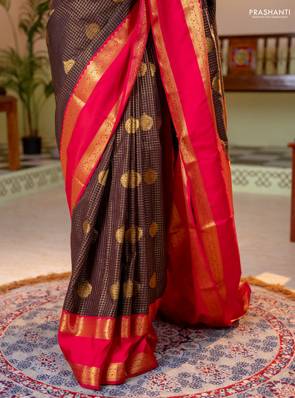 Semi kanchipuram silk saree coffee brown and pink with allover zari checks & buttas and rettapet zari woven korvai border