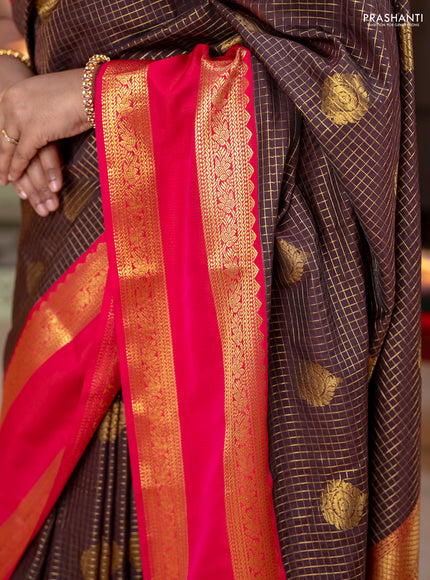 Semi kanchipuram silk saree coffee brown and pink with allover zari checks & buttas and rettapet zari woven korvai border