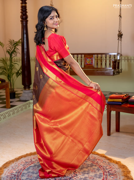Semi kanchipuram silk saree coffee brown and pink with allover zari checks & buttas and rettapet zari woven korvai border