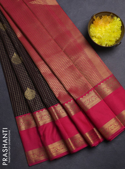 Semi kanchipuram silk saree coffee brown and pink with allover zari checks & buttas and rettapet zari woven korvai border