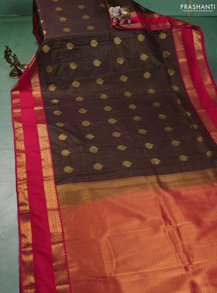 Semi kanchipuram silk saree coffee brown and pink with allover zari checks & buttas and rettapet zari woven korvai border