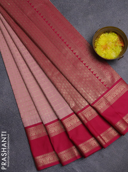 Semi kanchipuram silk saree mild peach and pink with allover zari checks & buttas and rettapet zari woven korvai border