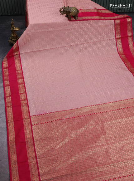 Semi kanchipuram silk saree mild peach and pink with allover zari checks & buttas and rettapet zari woven korvai border