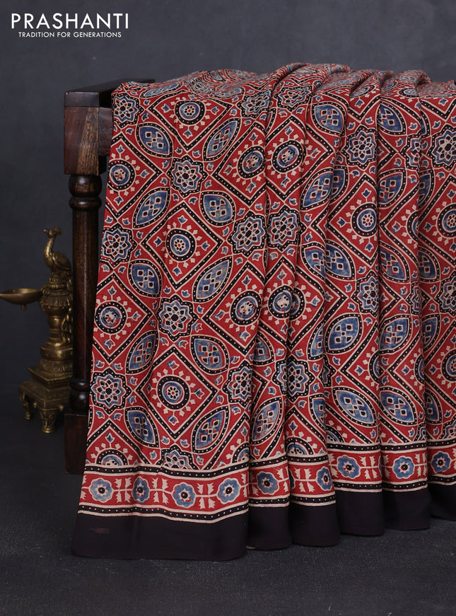 Modal silk saree rustic maroon and coffee brown with allover ajrakh prints and printed border