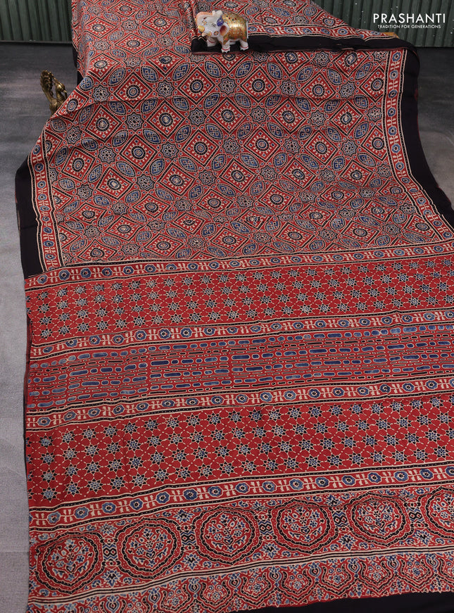 Modal silk saree rustic maroon and coffee brown with allover ajrakh prints and printed border