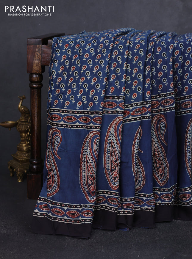 Modal silk saree indigo blue and black with allover ajrakh prints and printed border
