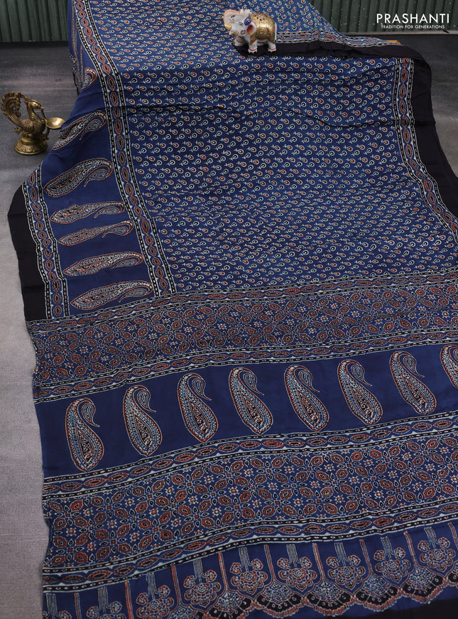 Modal silk saree indigo blue and black with allover ajrakh prints and printed border