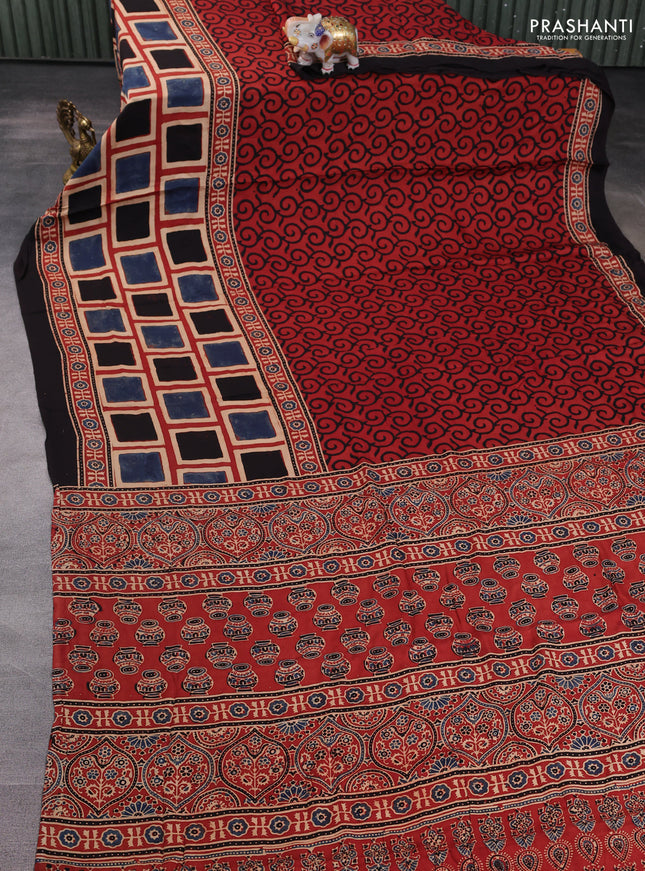 Modal silk saree rustic maroon and black with allover ajrakh prints and printed border