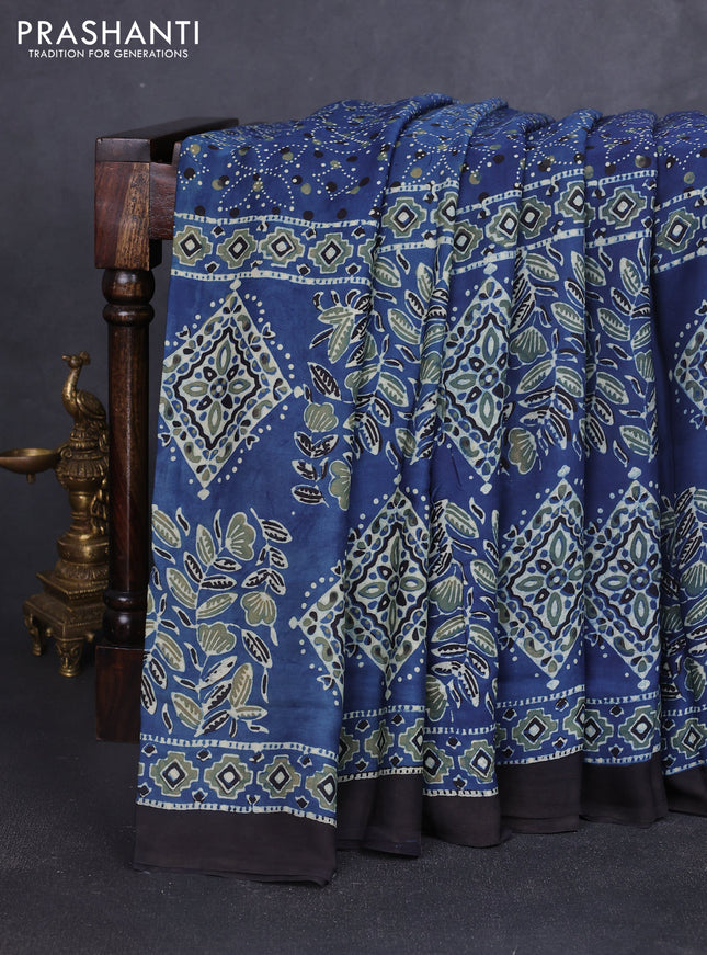 Modal silk saree indigo blue and black with allover ajrakh prints and printed border