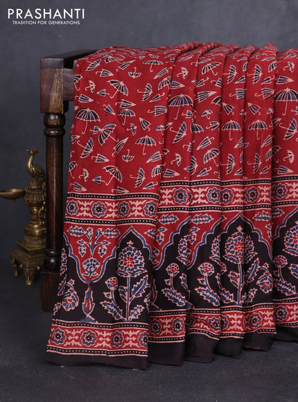Modal silk saree maroon and coffee brown with allover ajrakh prints and printed border