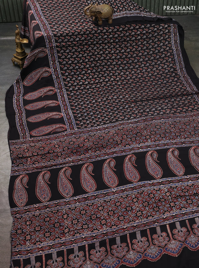 Modal silk saree black with allover ajrakh prints and printed border