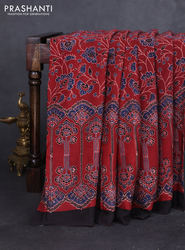 Modal silk saree maroon and coffee brown with allover ajrakh prints and printed border
