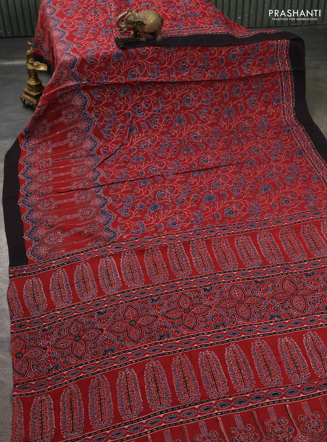 Modal silk saree maroon and coffee brown with allover ajrakh prints and printed border