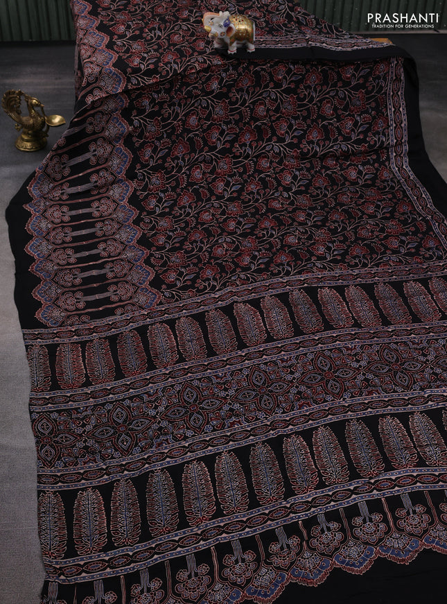Modal silk saree black with allover ajrakh prints and printed border