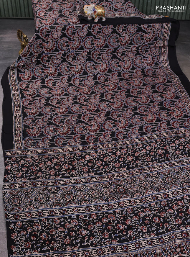Modal silk saree black with allover ajrakh prints and printed border