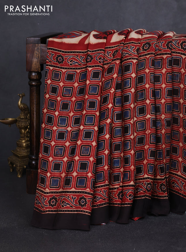 Modal silk saree maroon and coffee brown with allover ajrakh prints and printed border