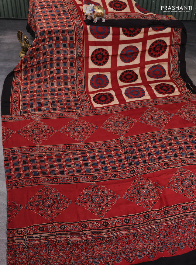 Modal silk saree maroon and coffee brown with allover ajrakh prints and printed border
